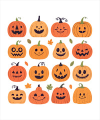Halloween Pumpkin Set with Spooky Faces and Festive Decorations