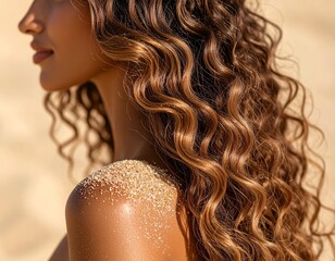 Sun-Kissed Waves: A young woman's lustrous, sun-kissed, wavy hair cascade elegantly over her shoulder, adorned with golden grains of sand, creating a portrait of summer beauty and natural allure.
