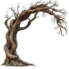 Twisted ancient tree arching gracefully with sparse winter foliage against a black background
