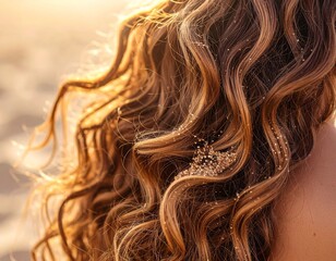 Naklejka premium Sun-Kissed Curls by the Beach: Golden sunlight gently caresses cascading curls, evoking a sense of natural beauty and the freedom of a beach escape. capturing a moment of effortless beauty.