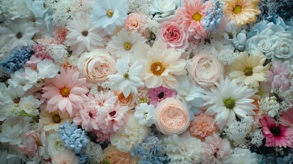 Close up of a wall of natural flowers as a background. Assortment of diverse bloom for spring, wedding card.