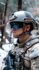 Explorer in tactical gear gazes towards the camera amidst snow-laden pines, creating a serene atmosphere in the winter wilderness