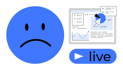 Sad face emotion beside a screen displaying live analytics, charts, and graphs. Ideal for feedback, user sentiment, data monitoring, online trends, live interactions, technology simple landing page