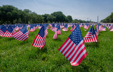USA flags near the Washington Monument. USA banner on Independence Day. National Mall in DC with...