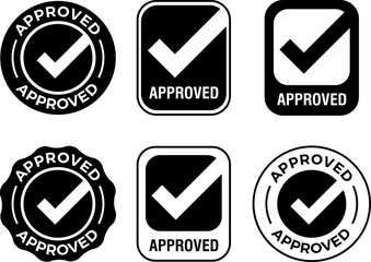 Black Approved Stamp Set – Round and Square Rubber Stamp Collection Vector Illustration