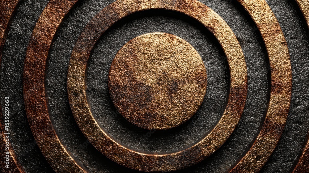 Poster gold, copper, and black concentric circles with textured grooves creating a metallic abstract patter