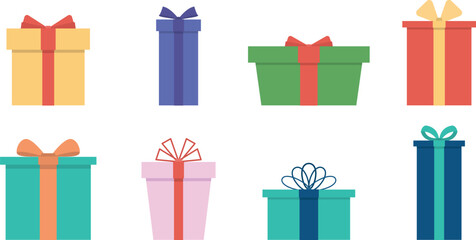 Flat Vector Illustration of Colorful Gift Box Collection with Bows and Ribbons for Celebration, Editable Minimal Design Elements for Holiday and Birthday Projects