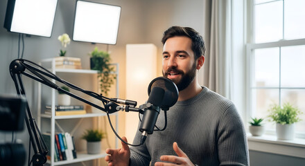 Man recording a video podcast with professional microphone and lighting setup, home studio