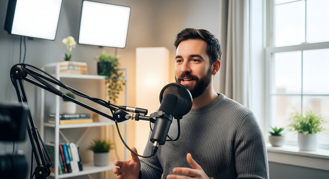 Man recording a video podcast with professional microphone and lighting setup, home studio
- Powered by Adobe