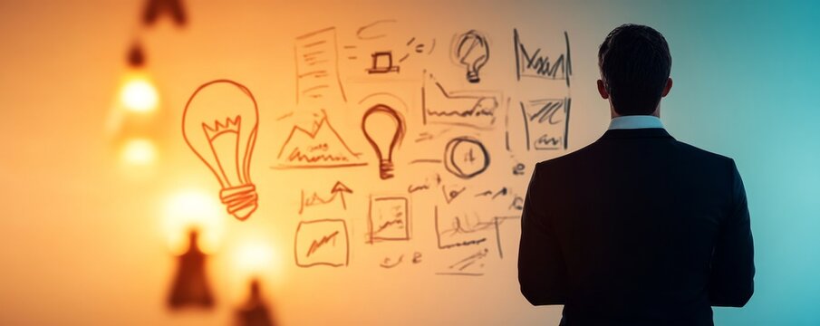 Brainstorming Ideas Businessman Looking at Lightbulb Sketches and Charts ,Business ,Strategy