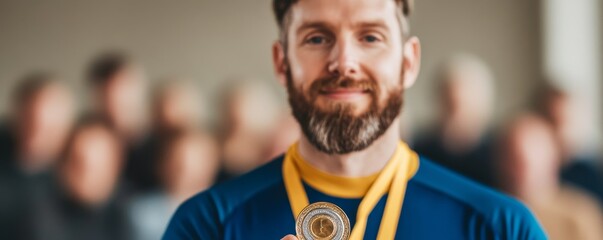 Champion's Pride Bearded Man with Gold Medal and Winning Team, success , achievement