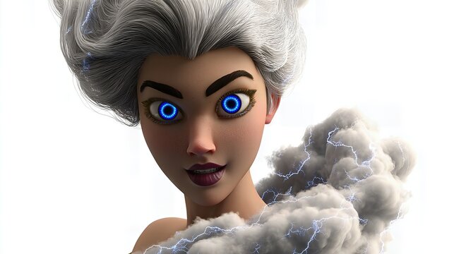 A dynamic 3D animated female character with glowing blue eyes and striking white hair surrounded by swirling storm clouds and electric lightning, set against a bright white background