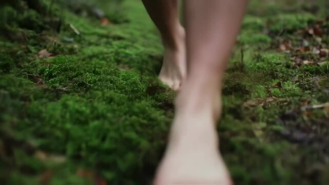 Barefoot journey across mossy forest floor captures serenity of nature