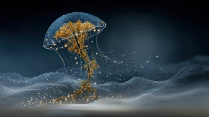 Fototapeta premium Golden Tree Jellyfish: A Digital Fantasy