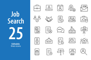 Job Search Line Icons, Resume, Interview, Hiring, Job Board, Application, Career Path, and More , Editable Formats: AI, EPS, JPG, PNG , Ideal for Both Digital and Print Use