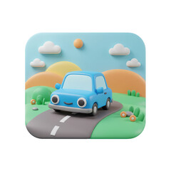 Adorable 3D Render of a Happy Little Blue Car on a Scenic Road Trip