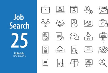 Job Search Line Icons, Resume, Interview, Hiring, Job Board, Application, Career Path, and More , Editable Formats: AI, EPS, JPG, PNG , Ideal for Both Digital and Print Use