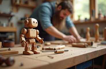 Wooden toy robot stands on workbench with carpentry tools. Carpenter works in background, child handmade robot made of wood. Workshop, craft, kids, hobby, training concept.
