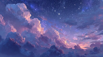 Fototapeta premium Vibrant, fluffy clouds illuminated by shades of pink and purple hover above as stars begin to twinkle in the darkening sky, creating a tranquil evening scene.