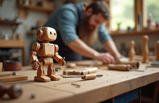 Wooden toy robot stands on workbench with carpentry tools. Carpenter works in background, child handmade robot made of wood. Workshop, craft, kids, hobby, training concept.