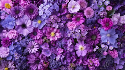 A full frame of vibrant purple and pink flowers in bloom, forming a lush botanical background. Floral garden concept.