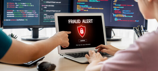 Cyber security software show alert of cyber attack for protection brisk. Danger from virus,...