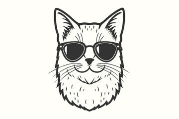 An outlined cartoon cat head wearing sunglasses presents a cool animal theme picture