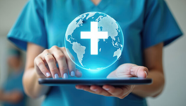 Nurse holding tablet showing digital globe with cross symbol. Healthcare professional provides telehealth support, online medical information, global hospital network. Futuristic tech, medicine,
