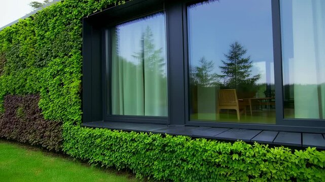 Modern sustainable architecture: green facade and reflective glass in harmonious outdoor ambiance