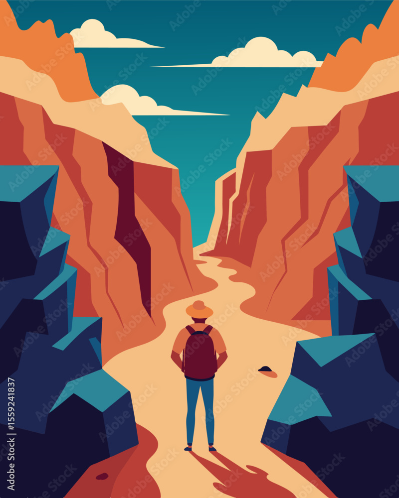 Poster hiking through a canyon the person feels like they are walking through a tunnel of sound as their do
