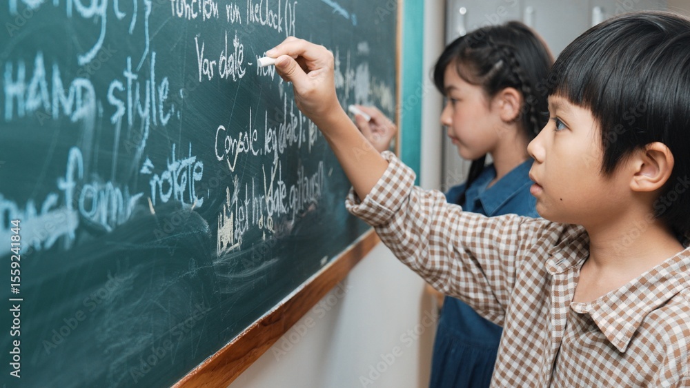 Poster side view of asian boy writing engineering prompt and programing system while standing blackboard wi