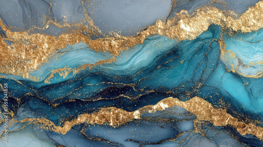 Poster swirling shades of blue and green intertwine with shimmering gold accents, creating an elegant and d