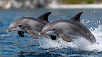 Fototapeta premium Two dolphins leap gracefully from the vibrant water, creating splashes against a backdrop of blue sea and lush surroundings