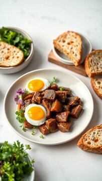 eggs savory comfort food golden brown close-up seared rustic breakfast pork scrapple
