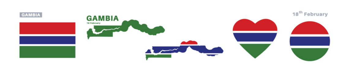 gambia flag and map set. gambia flag in official colors and proportions. independence day 18 february, map, circle and heart shaped gambia 