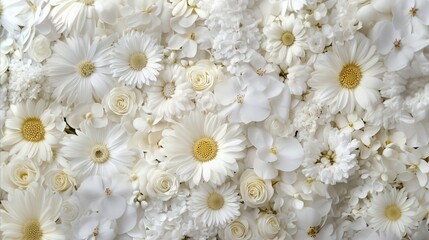 Close up of a lush floral background showcasing various white flowers grouped closely together. Elegant nature for wedding.