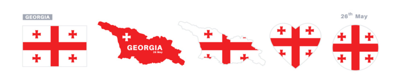 georgia flag and map set. georgia flag in official colors and proportions. independence day 26 may, map, circle and heart shaped georgia 