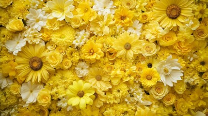 A vibrant yellow and white floral background, a beautiful bouquet of spring flowers for a celebratory occasion.