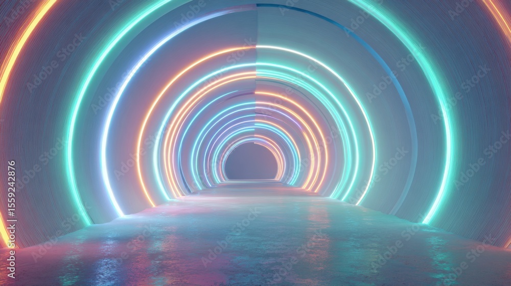 Poster a tunnel features concentric circles of colorful neon lights illuminating the path ahead, reflecting