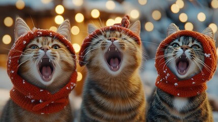 Playful cats in holiday hats gathered together, creating a cheerful scene.