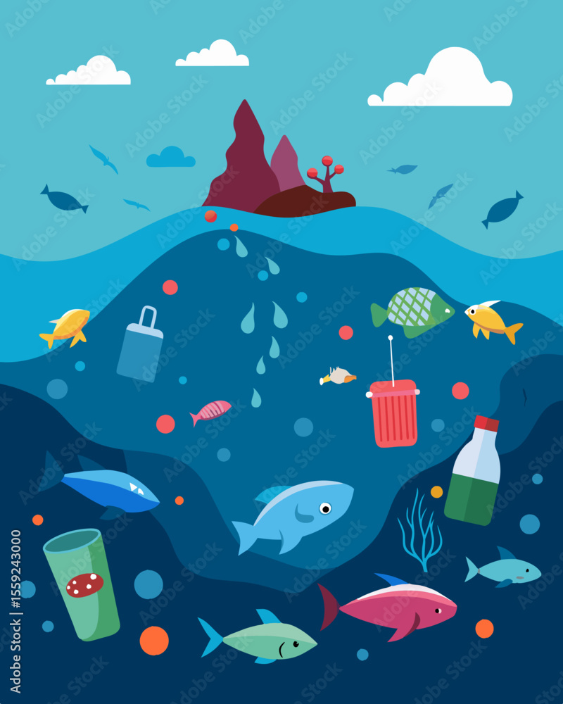 Poster a mass grave of marine life ped and suffocated by the endless array of plastic and trash in a floati