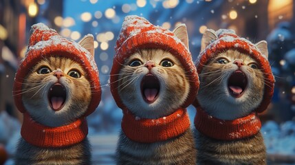 Playful cats in holiday hats gathered together, creating a cheerful scene.