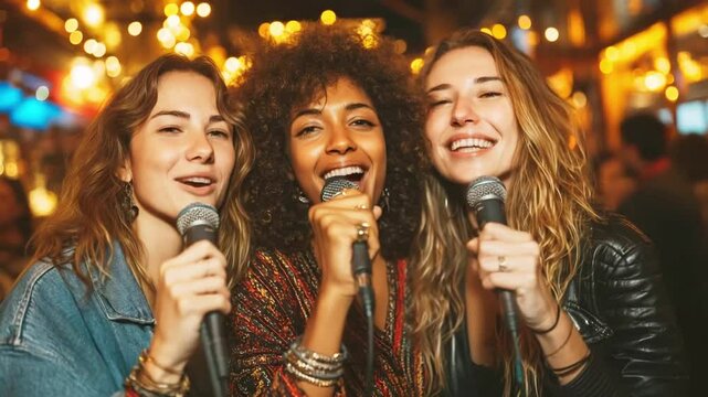 Friends sharing joy and laughter while singing together in a vibrant nightlife setting