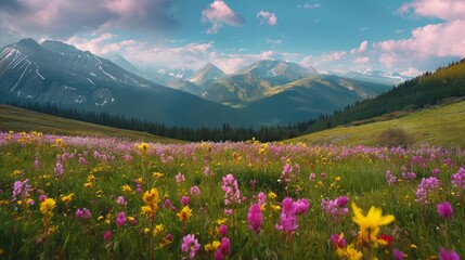 Fototapeta premium Mountain wildflower field. Scenic spring landscape with blooming flowers, lush green grass, and snow capped peaks under blue sky.