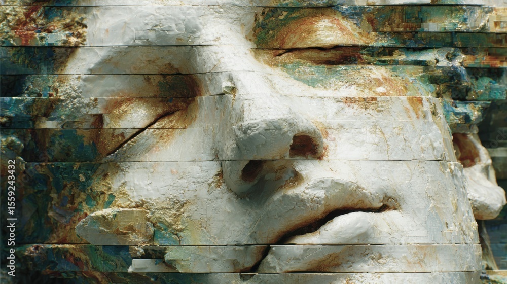Poster an abstract sculpture features a serene face rendered with textured layers, showcasing a blend of co
