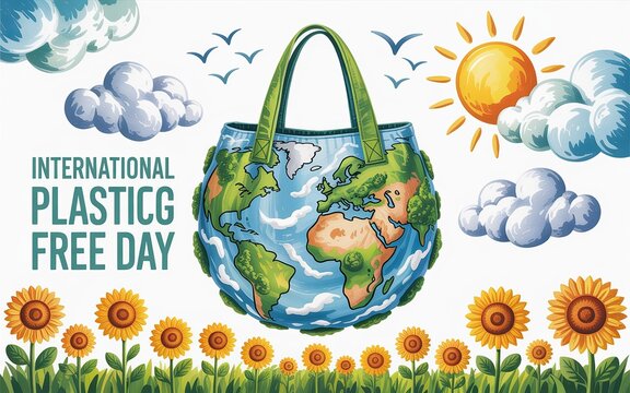 Green Earth bag symbolizes International Plastic Bag Free Day message. - Powered by Adobe