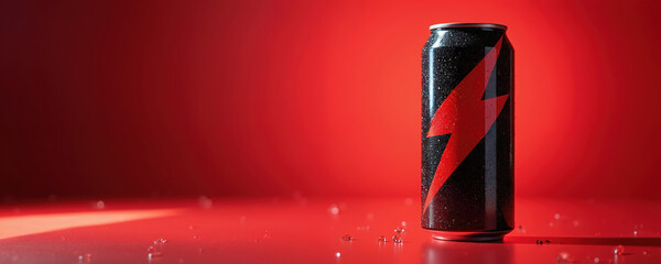 Modern energy drink can with vibrant red, black design. Refreshing beverage packaging against red background, advertising, branding. Cool soda product, with water drops. Youth lifestyle drink.