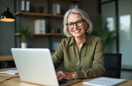 Happy, smiling middle aged businesswoman working on laptop in modern office. Confident professional woman executive investor attorney lawyer using computer, looking at camera. Successful mature