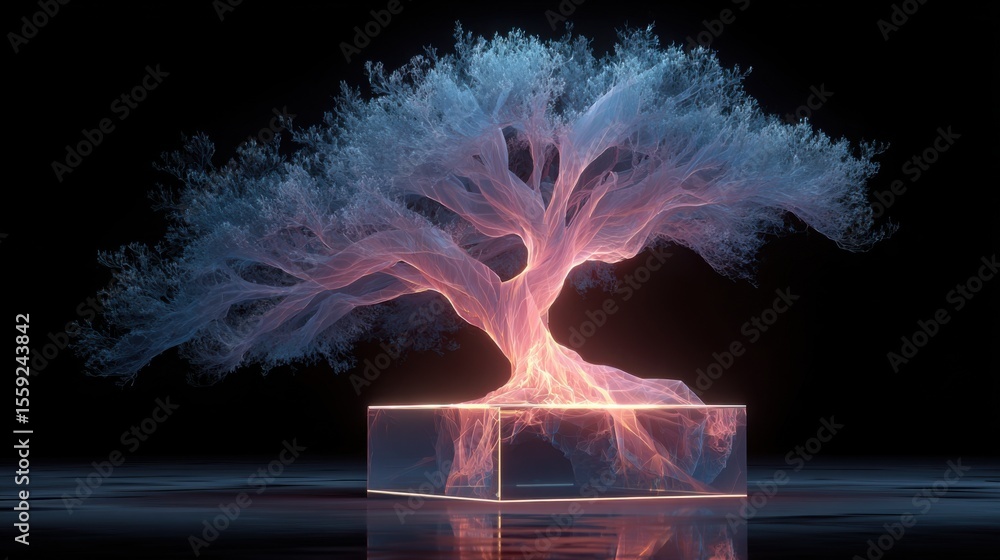 Poster a stunning tree sculpture emits vibrant light in a dark environment. the intricate branches appear t