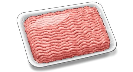 Cartoon sealed plastic tray with fresh ground pork, bright pink with fat marbling, glossy and fresh, highly detailed, white background.

